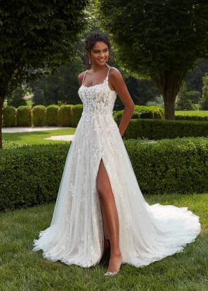 Beaded Spaghetti Straps Ivory 3D Lace Tulle Slit Chic Wedding Dress